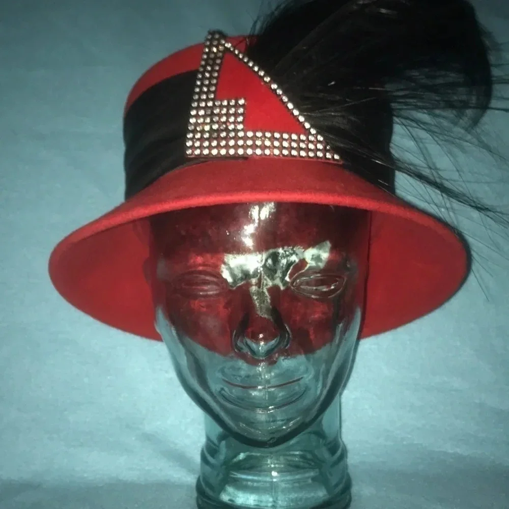 THE HAT GENERATION Red, Wide Black Band, Beautiful Feathers, Rhinestone Details